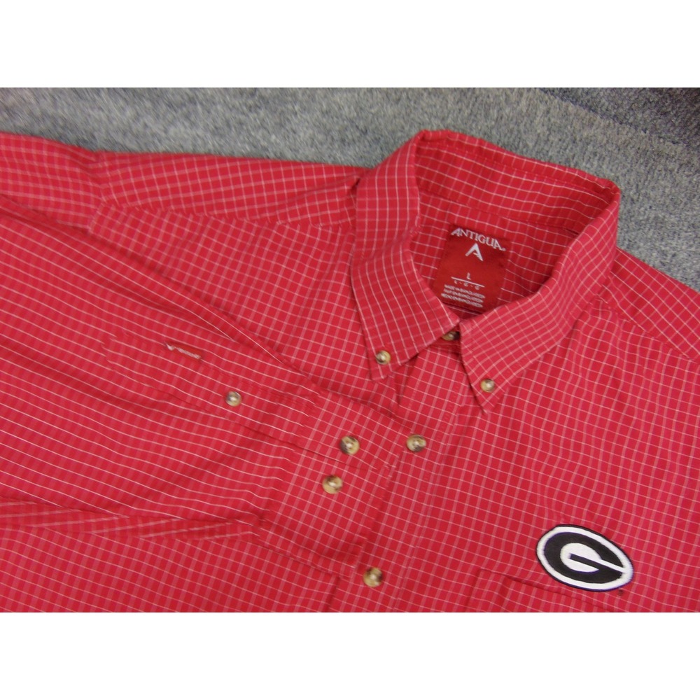 Georgia Bulldogs Shirt Mens Large‎ Antigua Red Grid Embroidered Logo Button Up